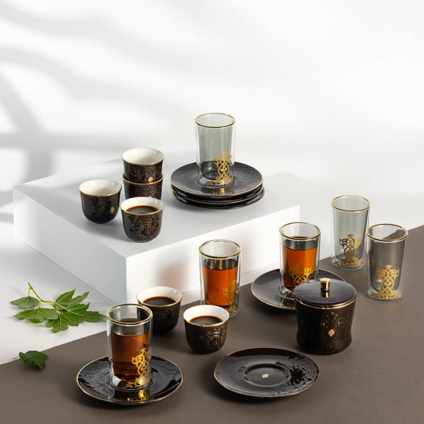 طقم استكانات الشاي والقهوة العربية 19 قطعة من نقش- أسود و ذهبي