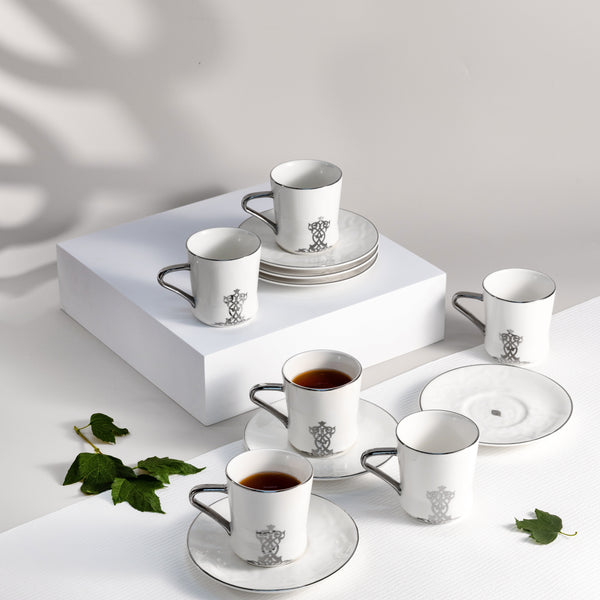 طقم أكواب الشاي 12 قطعة من نقش - أبيض و فضي