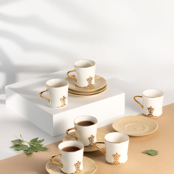 طقم أكواب الشاي 12 قطعة من نقش -  إيفوري  و ذهبي