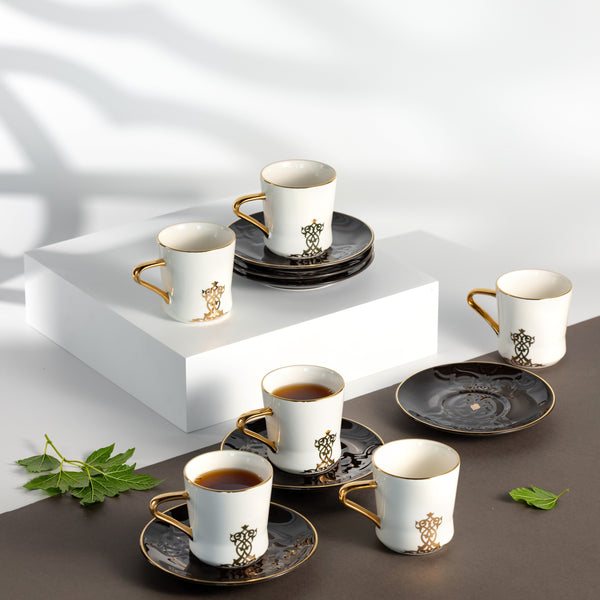 طقم أكواب الشاي 12 قطعة من نقش - أسود و ذهبي