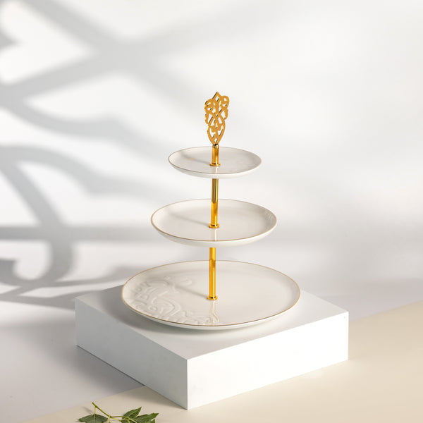 ستاند بورسلان 3 طبقات من نقش-  أبيض و ذهبي