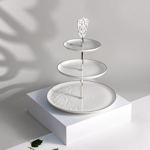 ستاند بورسلان 3 طبقات من  نقش- أبيض و فضي