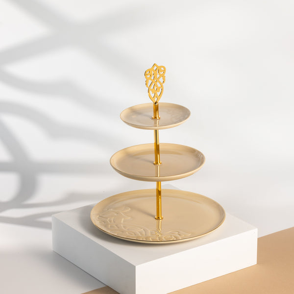 ستاند بورسلان 3 طبقات من  نقش-  إيفوري و ذهبي