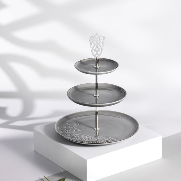 ستاند بورسلان 3 طبقات من  نقش-  رمادي و فضي 