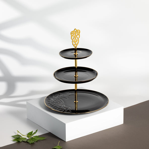 ستاند بورسلان 3 طبقات من  نقش-  أسود و ذهبي 