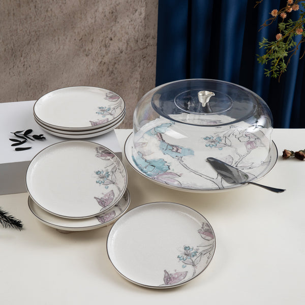 طقم تقديم الكيك 9 قطع  من خزامة  - أزرق وفضي