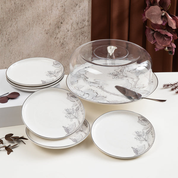 طقم تقديم الكيك 9 قطع  من خزامة  - رمادي وفضي