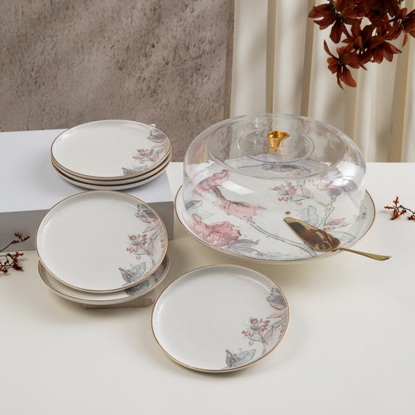 طقم تقديم الكيك 9 قطع  من خزامة  - أحمر و ذهبي