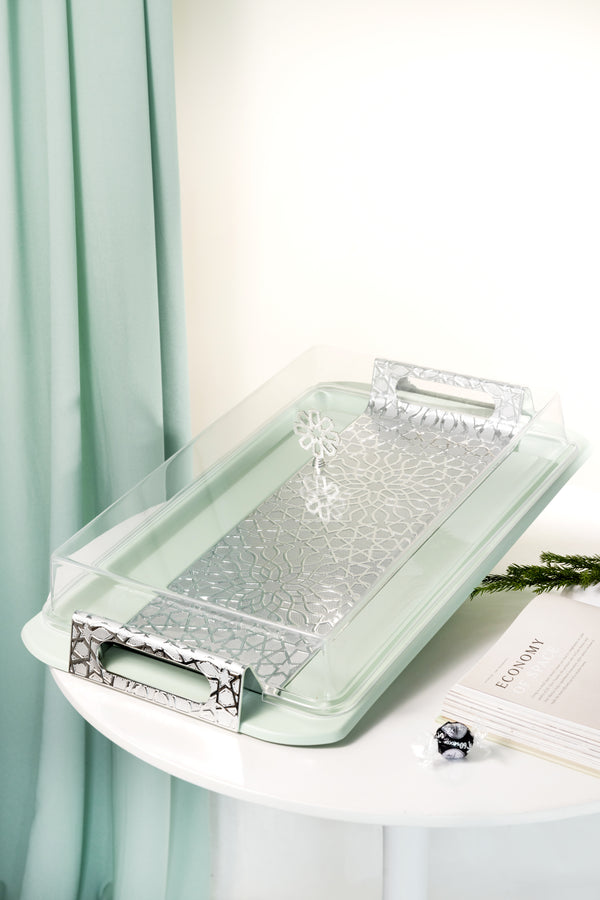 Luxury Iron Serving Tray With Acrylic Cover From Asalah - Teal + Silver