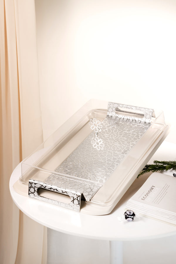 Luxury Iron Serving Tray With Acrylic Cover From Asalah - Creamy + Silver