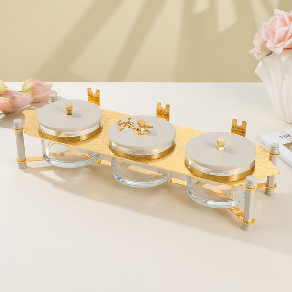 Nuts Serving Set 3 Bowl With Tray From Jiwar - Beige + Gold