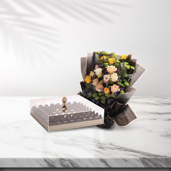 A package of flowers big size and chocolates